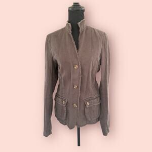 Vtg Linen Blend Button Up Long Sleeve Lagenlook Brown Boho Jacket Women's Large